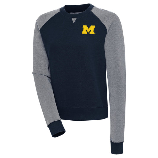 Women's Antigua  Navy/White Michigan Wolverines Flier Bunker Tri-Blend Pullover Sweatshirt