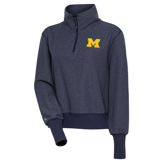 Women's Antigua  Heather Navy Michigan Wolverines Upgrade Half-Zip Pullover Top