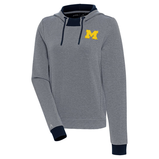 Women's Antigua  Navy/White Michigan Wolverines Axe Bunker Tri-Blend Pullover Hoodie