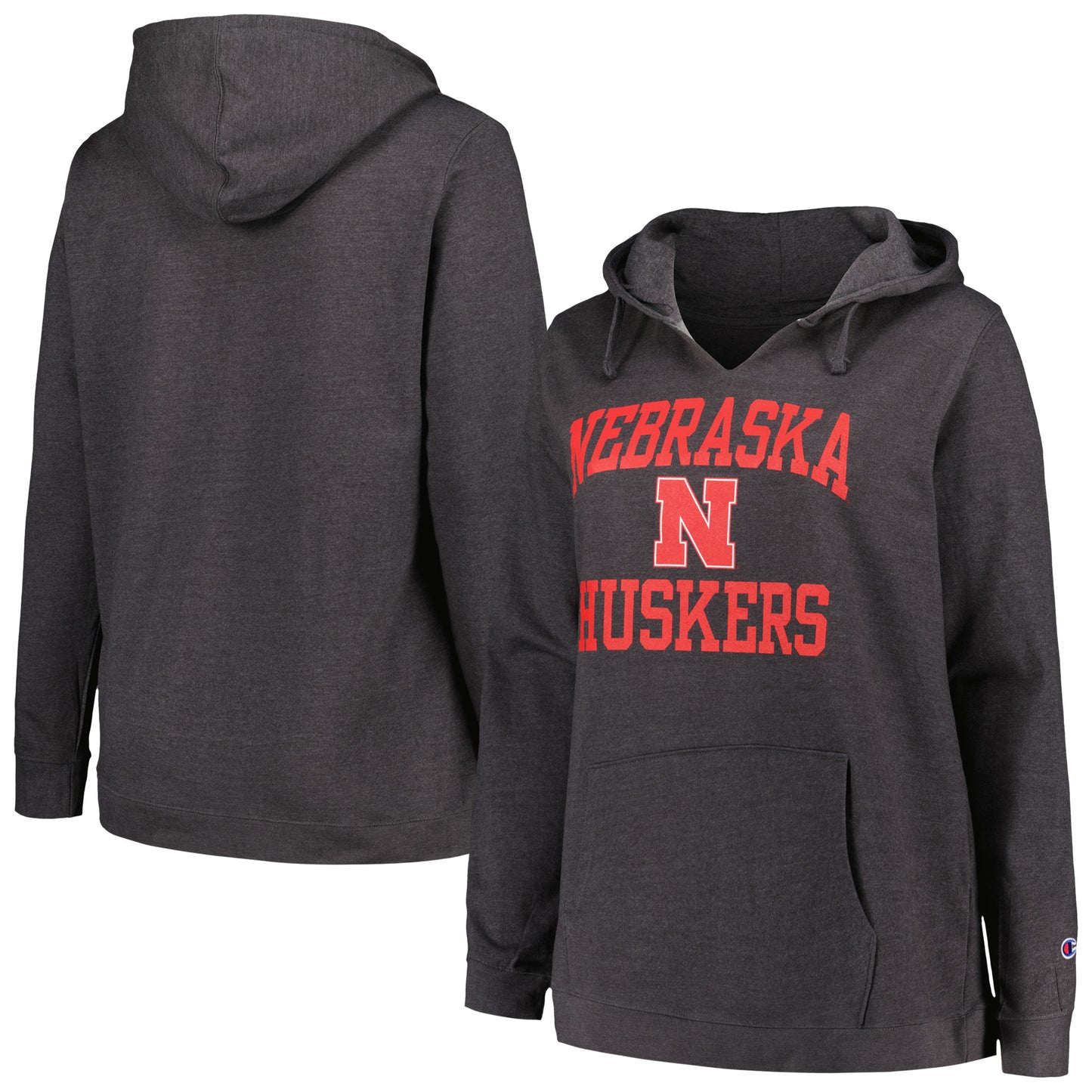 Women's Champion Heather Charcoal Nebraska Huskers Plus Size Heart & Soul Notch Neck Pullover