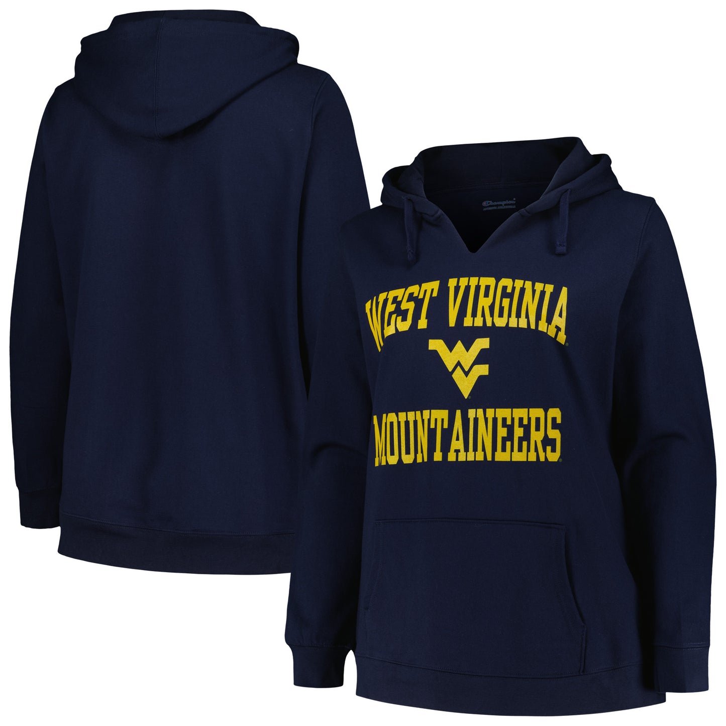 Women's Champion Navy West Virginia Mountaineers Plus Size Heart & Soul Notch Neck Pullover