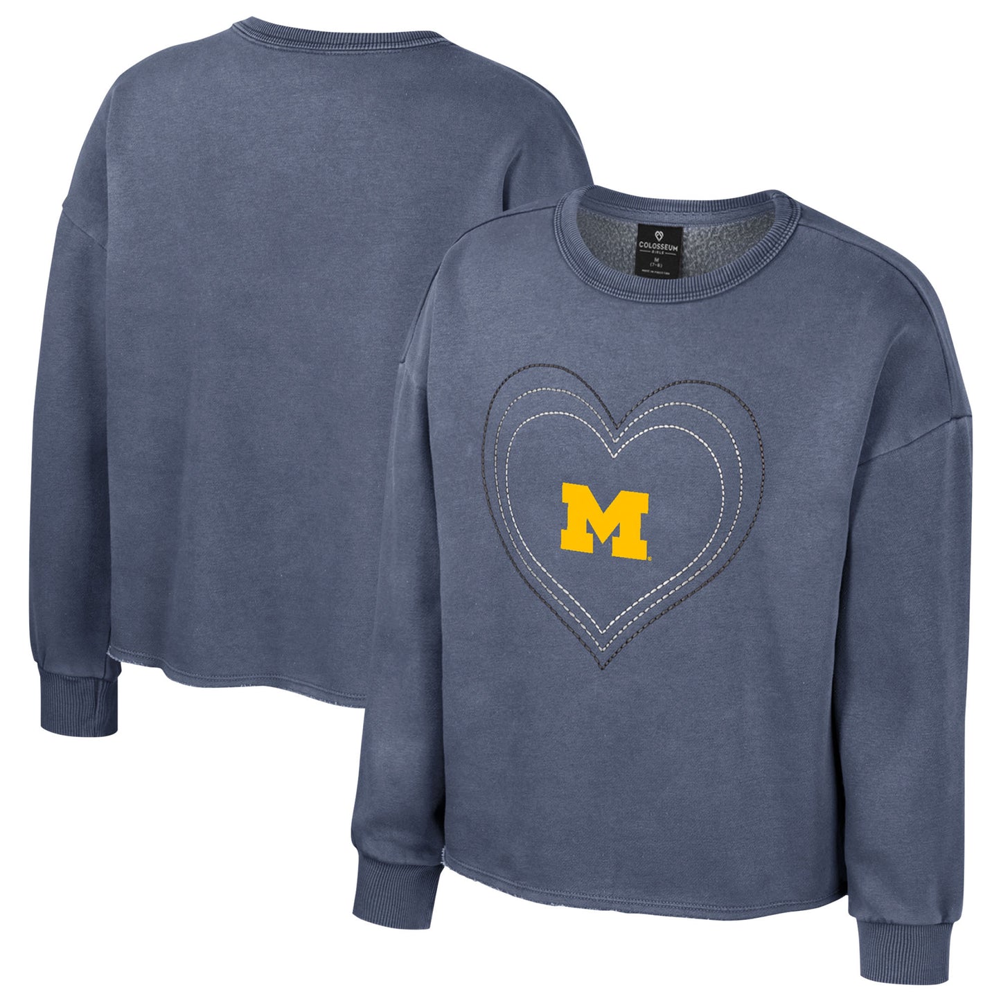 Girls Youth Colosseum Navy Michigan Wolverines Audrey Washed Fleece Pullover Crewneck Sweatshirt