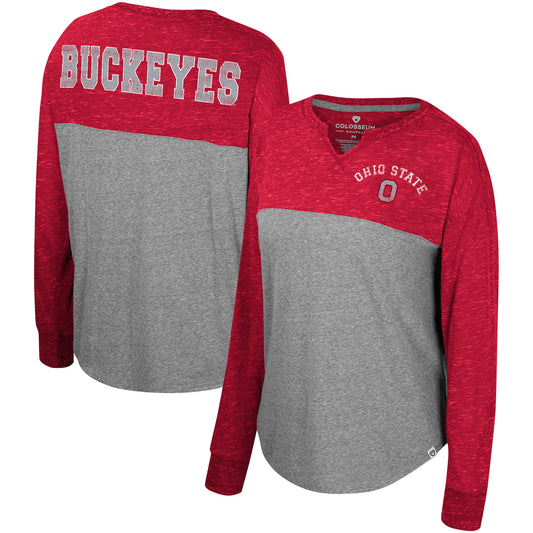 Women's Colosseum Heather Gray/Scarlet Ohio State Buckeyes Jelly of the Month Oversized Tri-Blend Long Sleeve T-Shirt