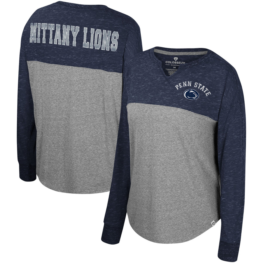 Women's Colosseum Heather Gray/Navy Penn State Nittany Lions Jelly of the Month Oversized Tri-Blend Long Sleeve T-Shirt