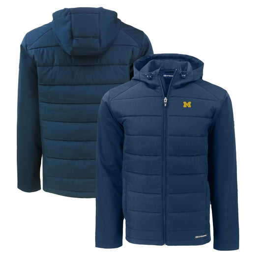 Men's Cutter & Buck  Navy Michigan Wolverines Evoke Hybrid Eco Softshell Recycled Full-Zip Hoodie