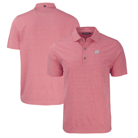 Men's Cutter & Buck  Heather Red Wisconsin Badgers Forge Eco Heathered Stripe Stretch Recycled Polo