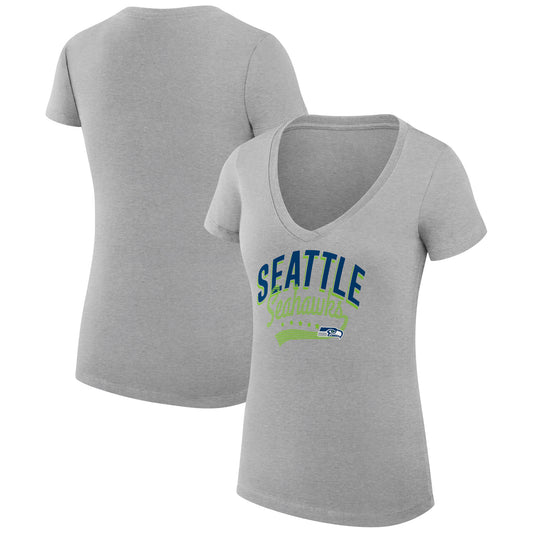 Women's G-III 4Her by Carl Banks Heather Gray Seattle Seahawks Filigree Logo Lightweight V-Neck Fitted T-Shirt