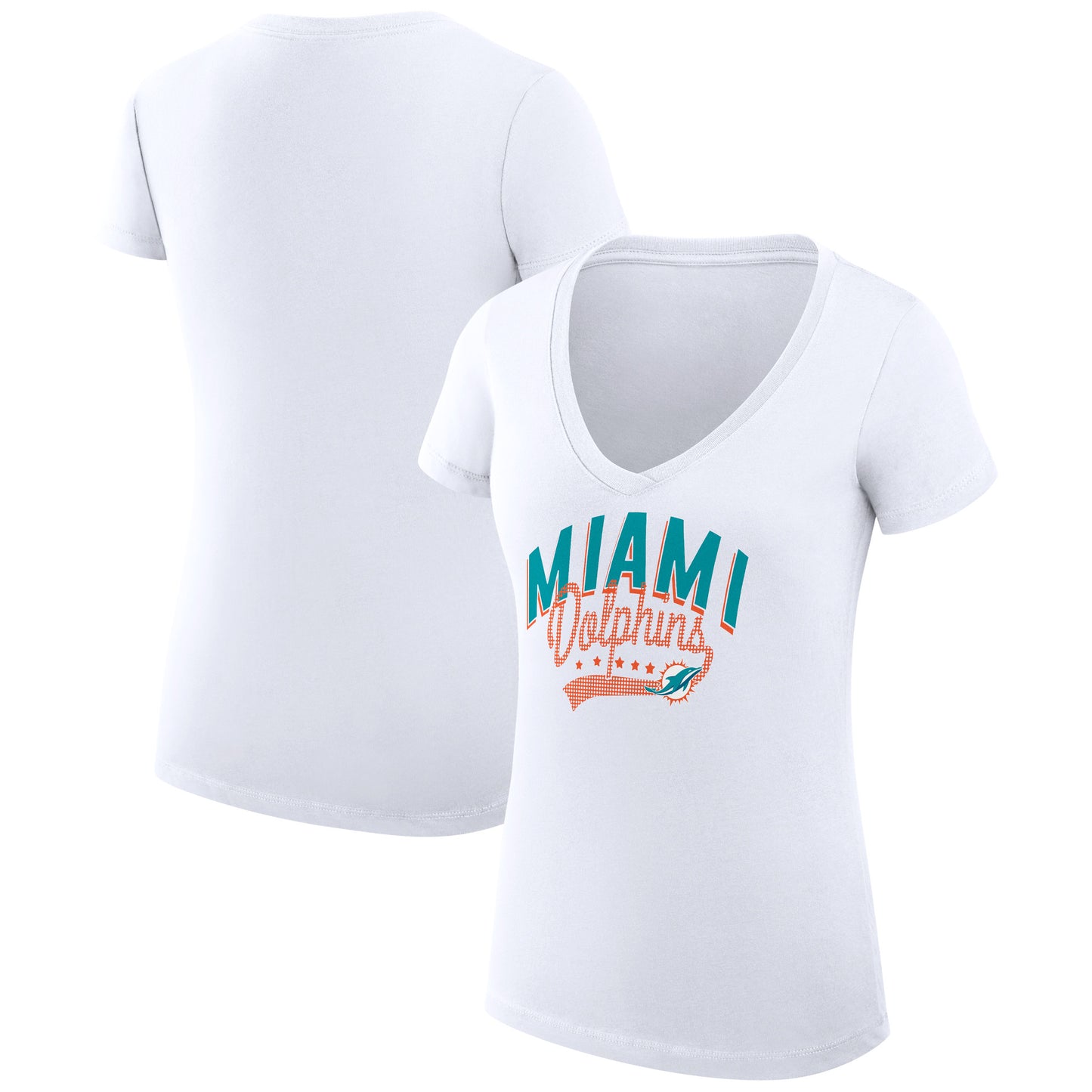 Women's G-III 4Her by Carl Banks White Miami Dolphins Filigree Logo Lightweight V-Neck Fitted T-Shirt