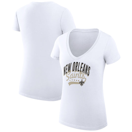 Women's G-III 4Her by Carl Banks White New Orleans Saints Filigree Logo Lightweight V-Neck Fitted T-Shirt