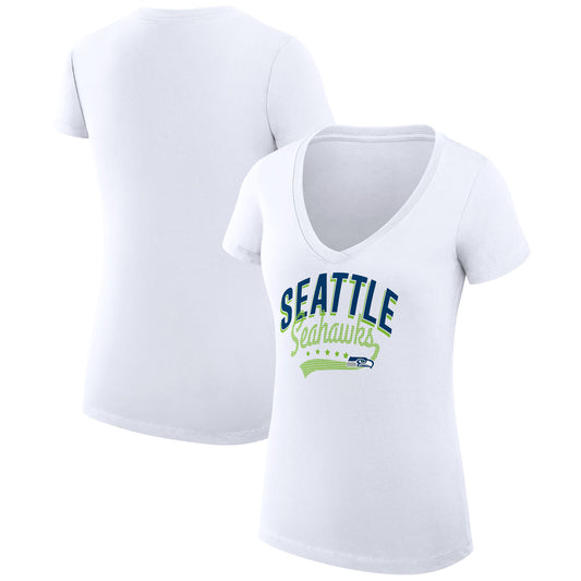 Women's G-III 4Her by Carl Banks White Seattle Seahawks Filigree Logo Lightweight V-Neck Fitted T-Shirt