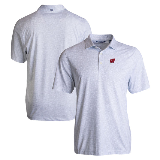 Men's Cutter & Buck White Wisconsin Badgers Pike Eco Pebble Print Stretch Recycled Polo
