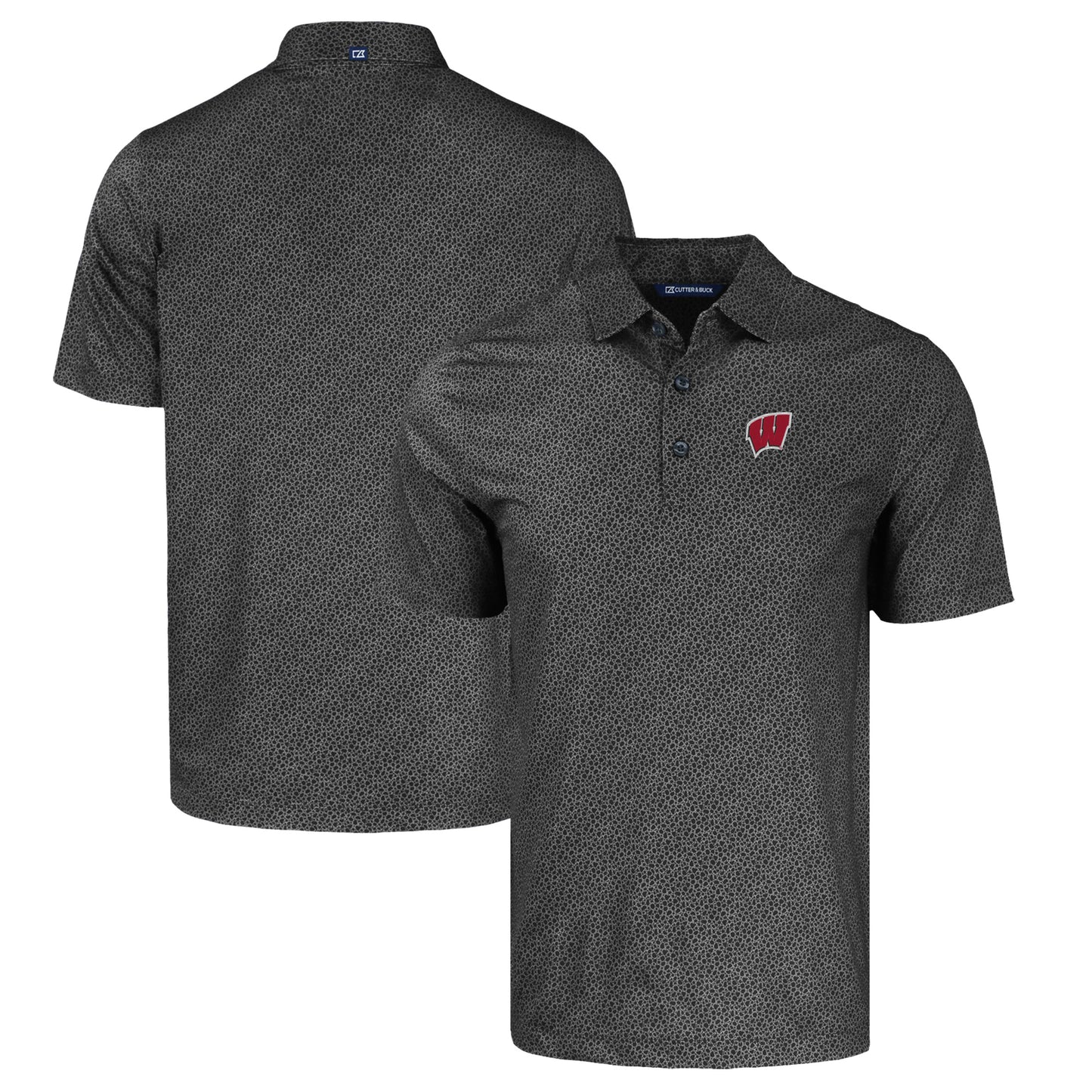 Men's Cutter & Buck Black Wisconsin Badgers Pike Eco Pebble Print Stretch Recycled Polo