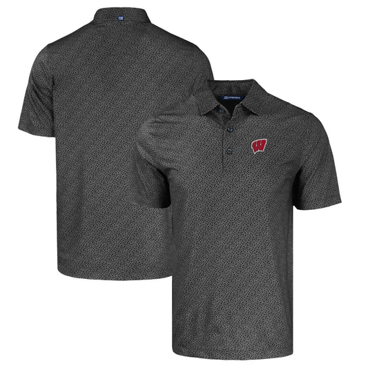 Men's Cutter & Buck Black Wisconsin Badgers Pike Eco Pebble Print Stretch Recycled Polo