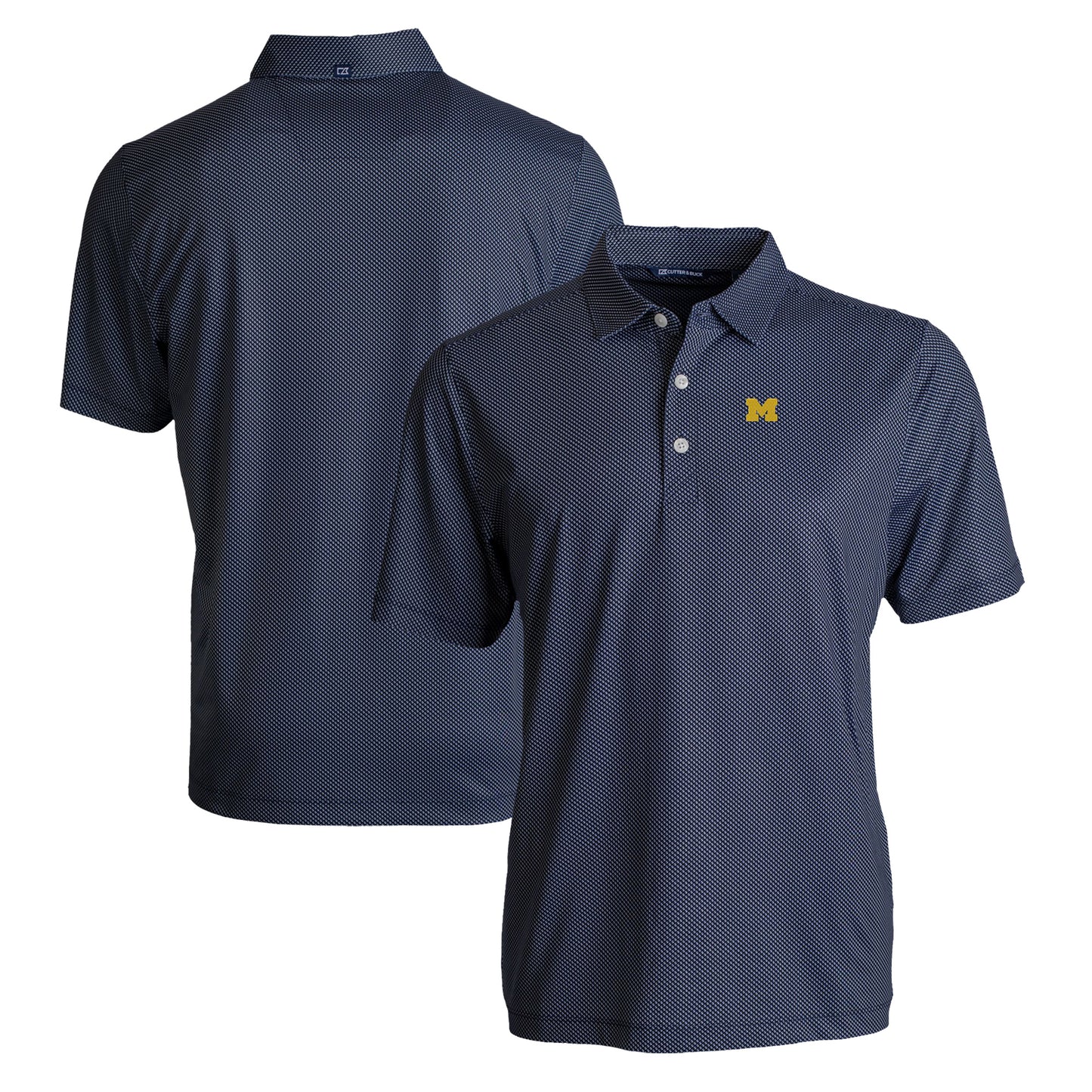 Men's Cutter & Buck Navy/White Michigan Wolverines Pike Eco Symmetry Print Stretch Recycled Polo