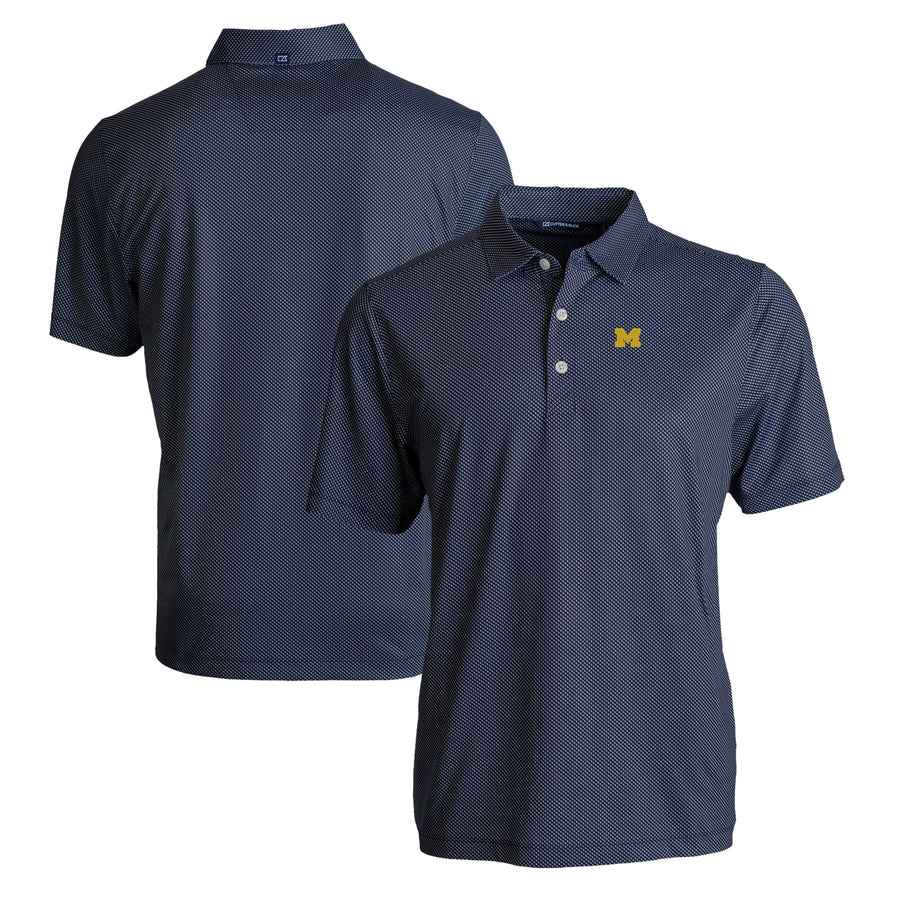Men's Cutter & Buck Navy/White Michigan Wolverines Pike Eco Symmetry Print Stretch Recycled Polo