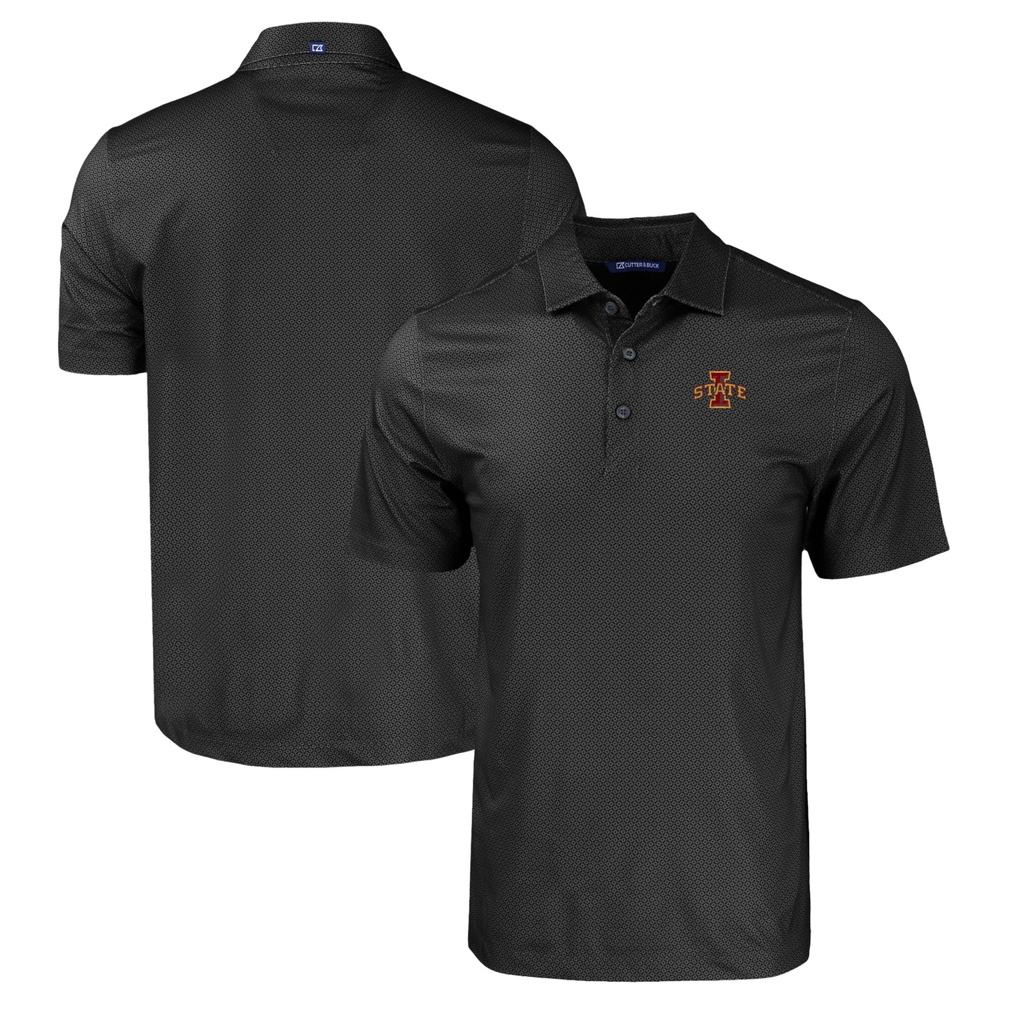 Men's Cutter & Buck Black Iowa State Cyclones Pike Eco Tonal Geo Print Stretch Recycled Polo