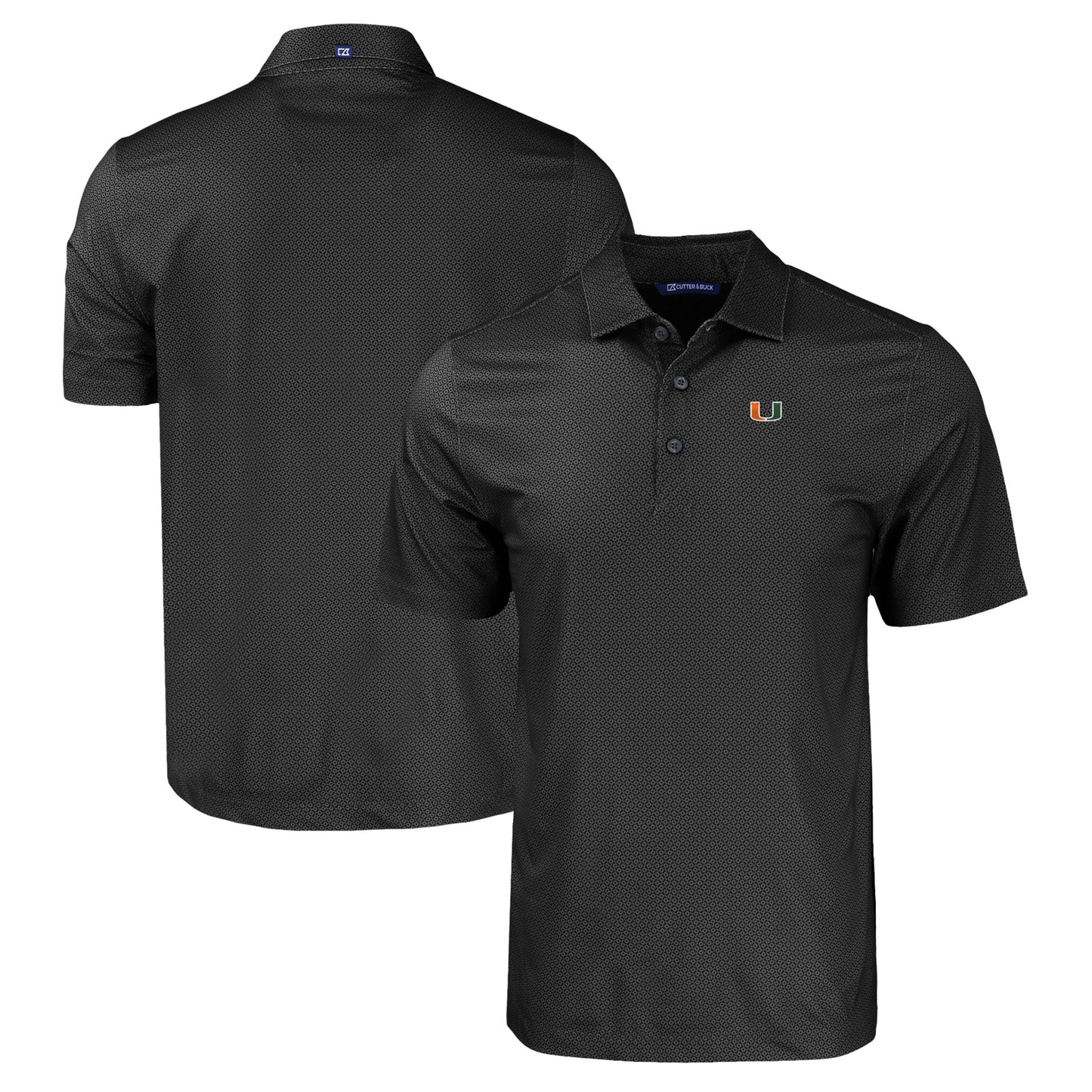 Men's Cutter & Buck Black Miami Hurricanes Pike Eco Tonal Geo Print Stretch Recycled Polo