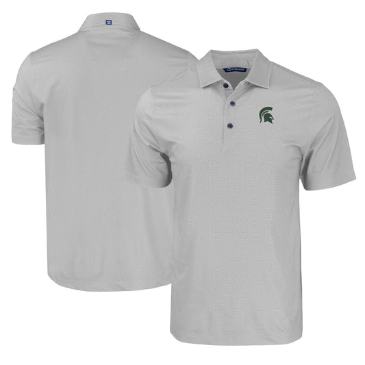 Men's Cutter & Buck Gray Michigan State Spartans Pike Eco Tonal Geo Print Stretch Recycled Polo