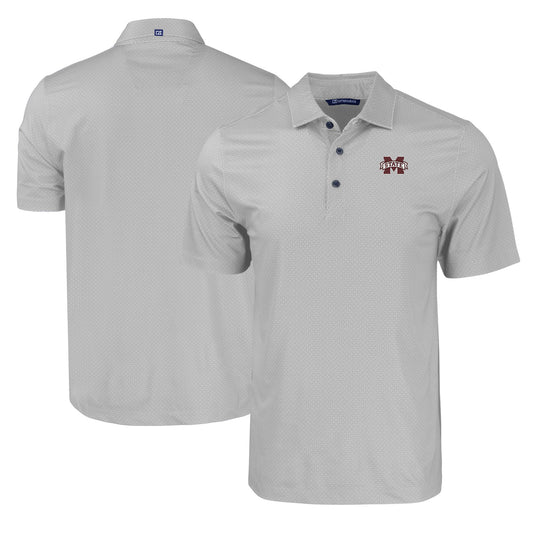 Men's Cutter & Buck Gray Mississippi State Bulldogs Pike Eco Tonal Geo Print Stretch Recycled Polo