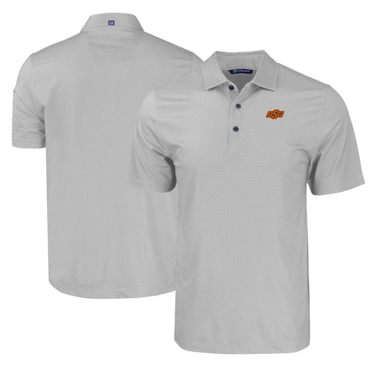 Men's Cutter & Buck Gray Oklahoma State Cowboys Pike Eco Tonal Geo Print Stretch Recycled Polo