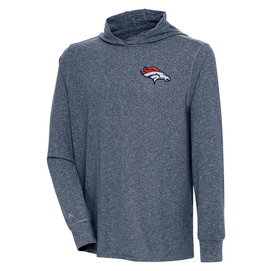 Men's Antigua  Heather Navy Denver Broncos Saga Long Sleeve Hoodie T-Shirt