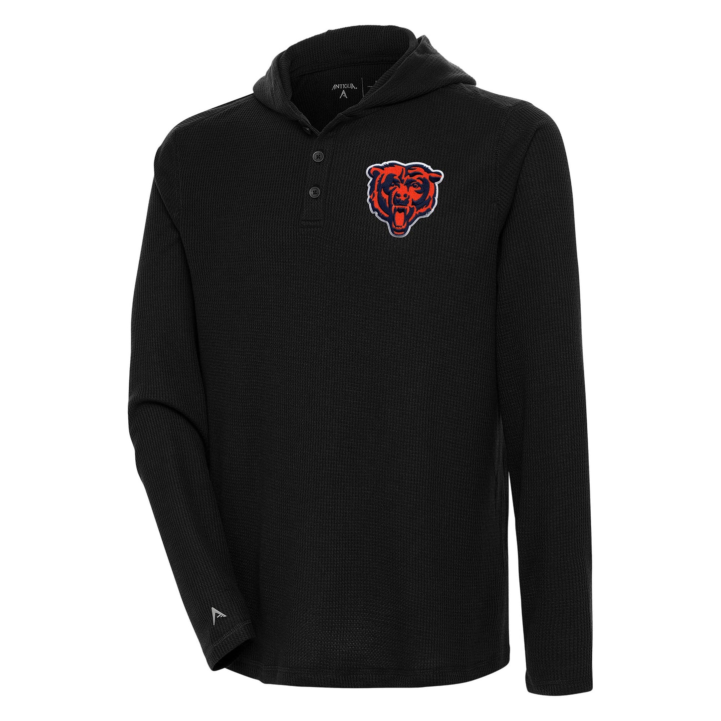 Men's Antigua  Black Chicago Bears Strong Hold Long Sleeve Henley Hoodie T-Shirt