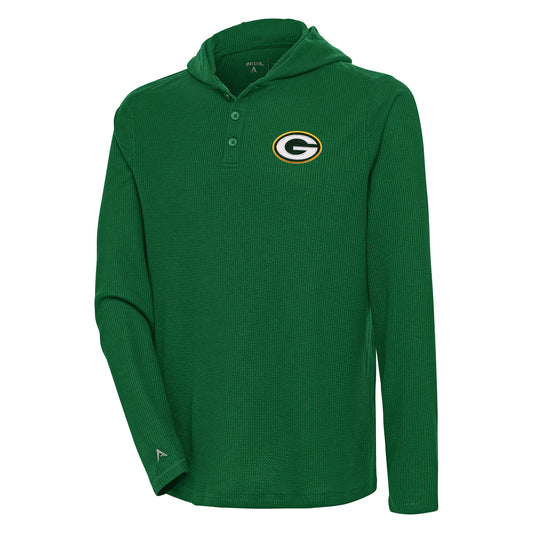 Men's Antigua  Green Green Bay Packers Strong Hold Long Sleeve Henley Hoodie T-Shirt