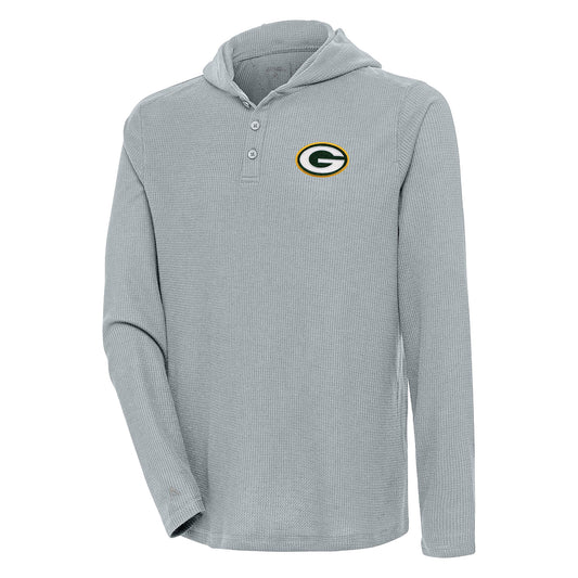 Men's Antigua  Gray Green Bay Packers Strong Hold Long Sleeve Henley Hoodie T-Shirt