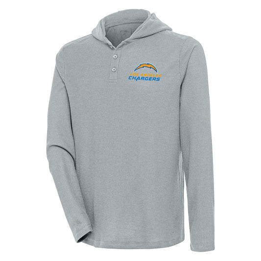 Men's Antigua  Gray Los Angeles Chargers Strong Hold Long Sleeve Henley Hoodie T-Shirt