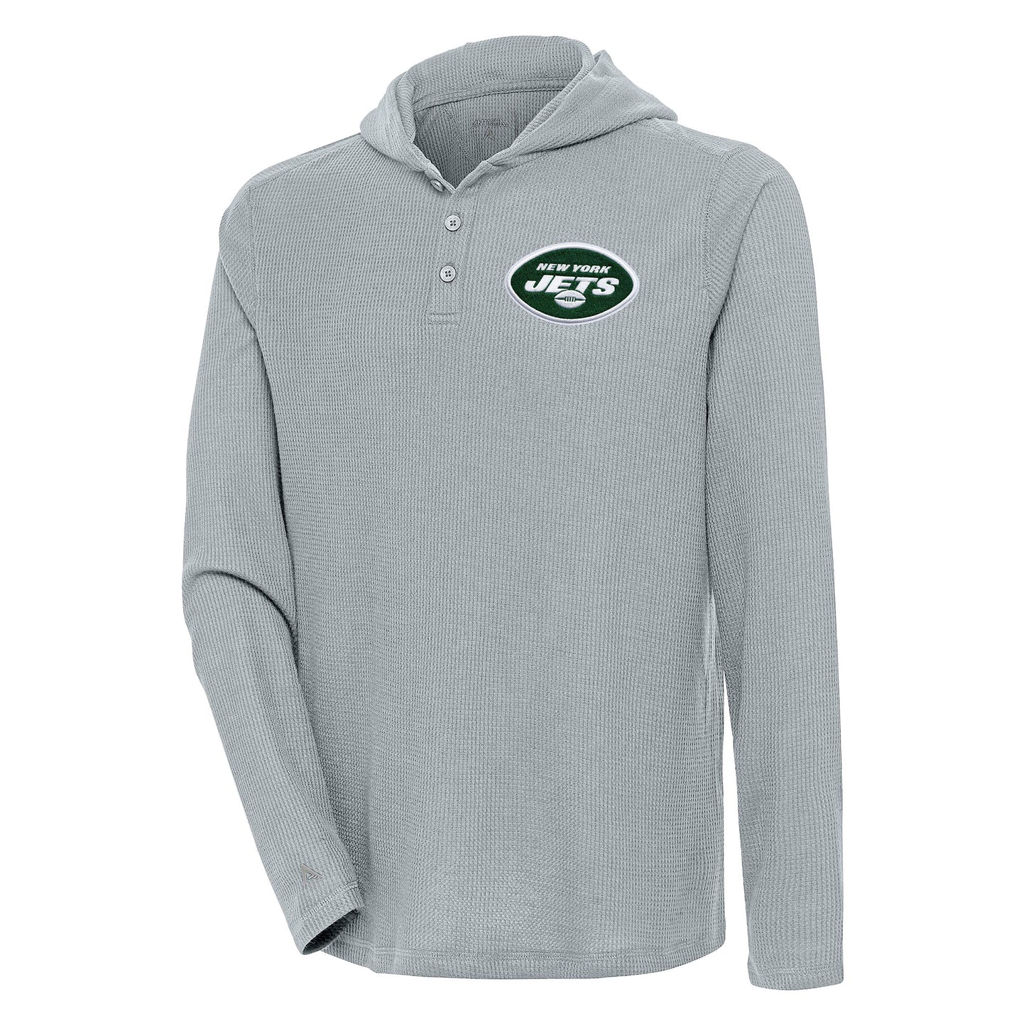 Men's Antigua  Gray New York Jets Strong Hold Long Sleeve Henley Hoodie T-Shirt