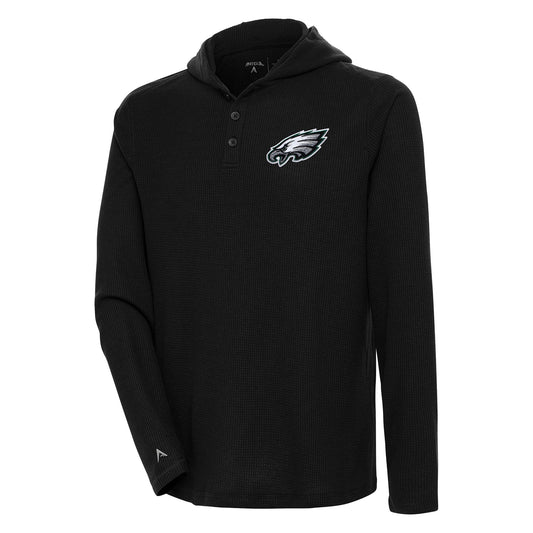 Men's Antigua  Black Philadelphia Eagles Strong Hold Long Sleeve Henley Hoodie T-Shirt