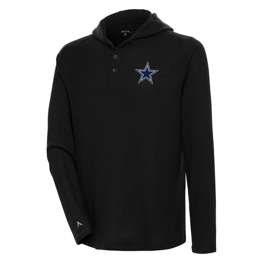 Men's Antigua  Black Dallas Cowboys Strong Hold Long Sleeve Henley Hoodie T-Shirt