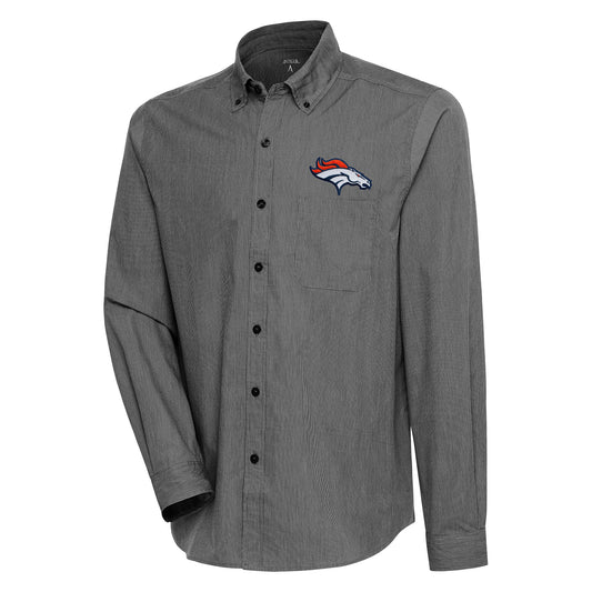 Men's Antigua  Black/White Denver Broncos Compression Tri-Blend Long Sleeve Button-Down Shirt