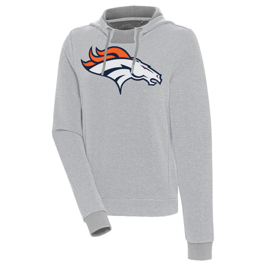 Women's Antigua Gray Denver Broncos Axe Bunker Tri-Blend Pullover Hoodie