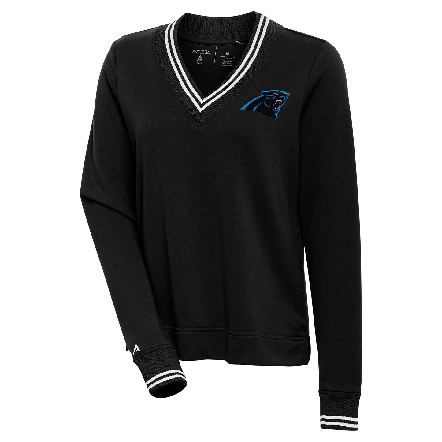 Women's Antigua Black Carolina Panthers Parker V-Neck Lightweight Pullover Sweatshirt