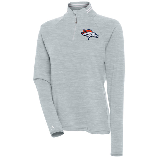 Women's Antigua Heather Gray Denver Broncos Milo Quarter-Zip Pullover Top