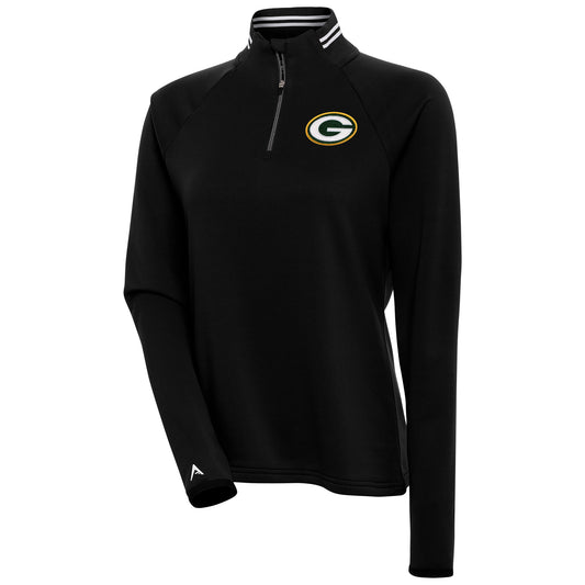 Women's Antigua Black Green Bay Packers Milo Quarter-Zip Pullover Top