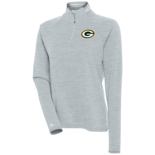 Women's Antigua Heather Gray Green Bay Packers Milo Quarter-Zip Pullover Top