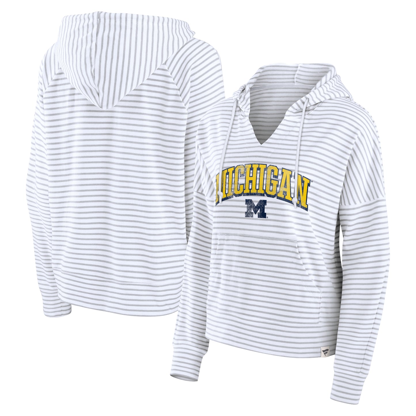 Women's Fanatics White/Gray Michigan Wolverines Arch Logo Striped Notch Neck Pullover Hoodie