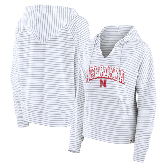 Women's Fanatics White/Gray Nebraska Huskers Arch Logo Striped Notch Neck Pullover Hoodie