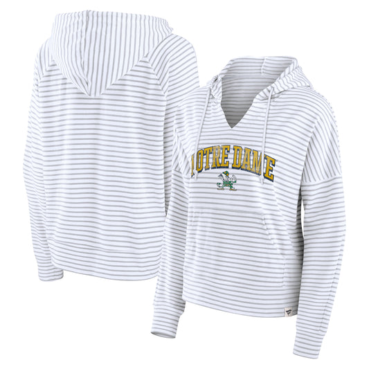 Women's Fanatics White/Gray Notre Dame Fighting Irish Arch Logo Striped Notch Neck Pullover Hoodie