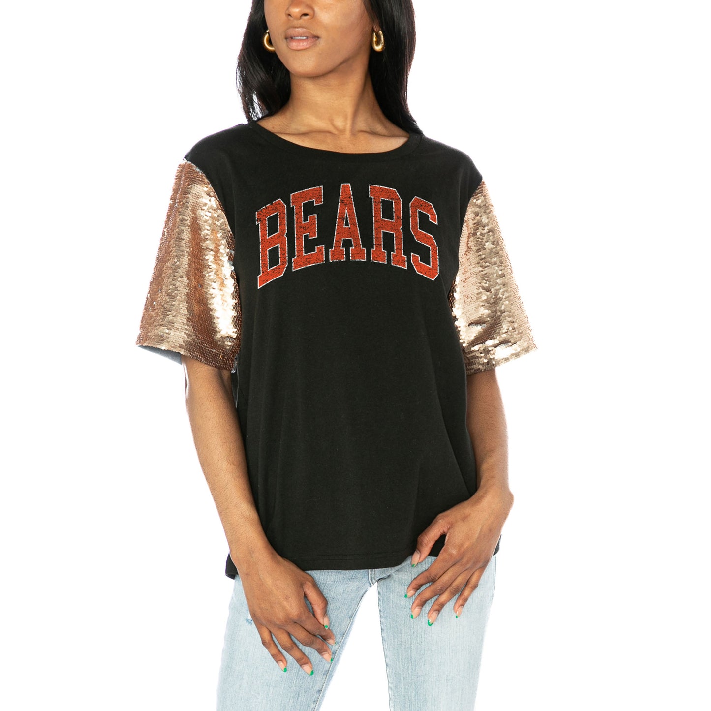 Women's Gameday Couture  Black Chicago Bears Glamazon Flip Sequin Sleeve T-Shirt