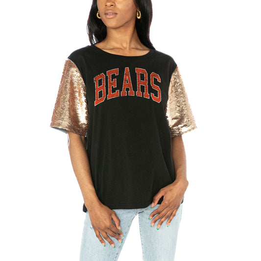 Women's Gameday Couture  Black Chicago Bears Glamazon Flip Sequin Sleeve T-Shirt