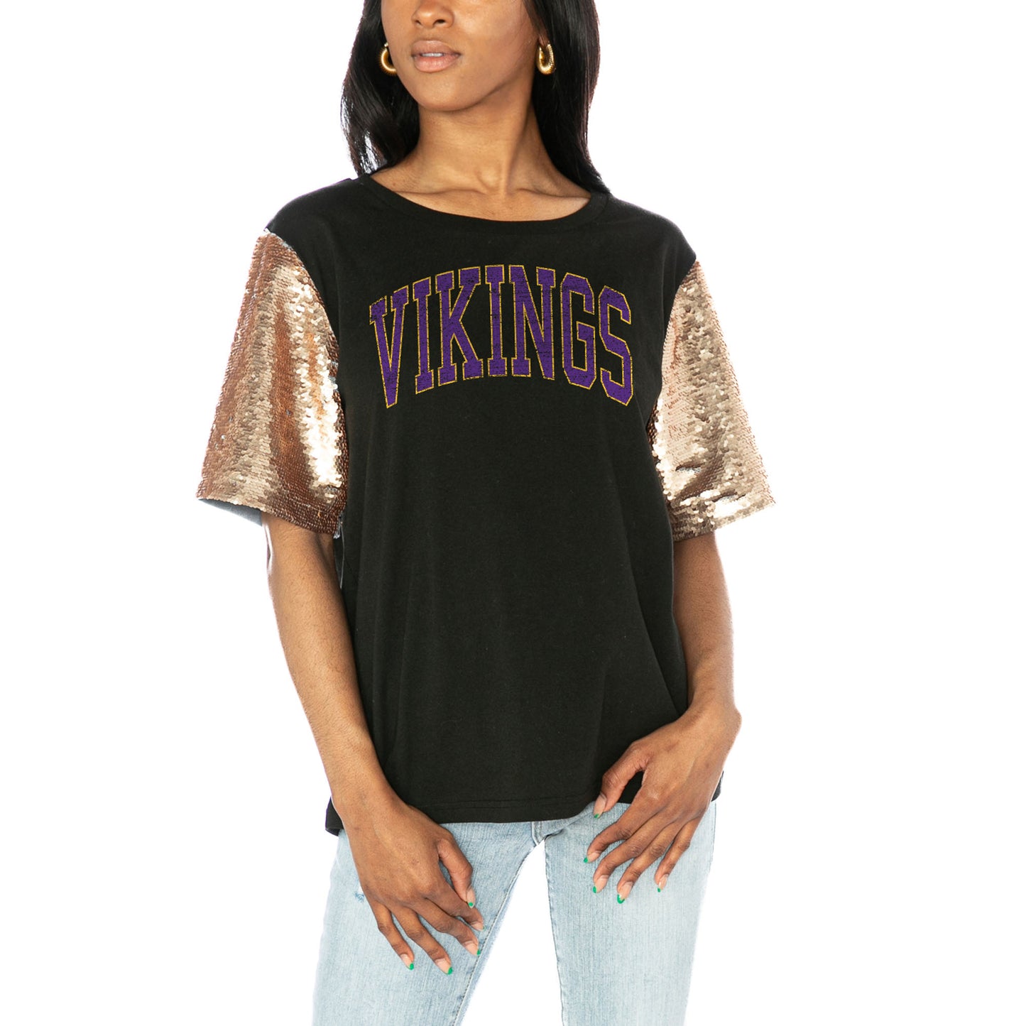 Women's Gameday Couture  Black Minnesota Vikings Glamazon Flip Sequin Sleeve T-Shirt