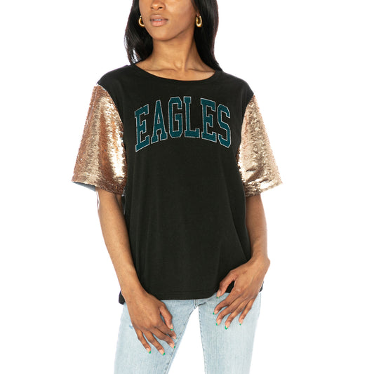 Women's Gameday Couture  Black Philadelphia Eagles Glamazon Flip Sequin Sleeve T-Shirt