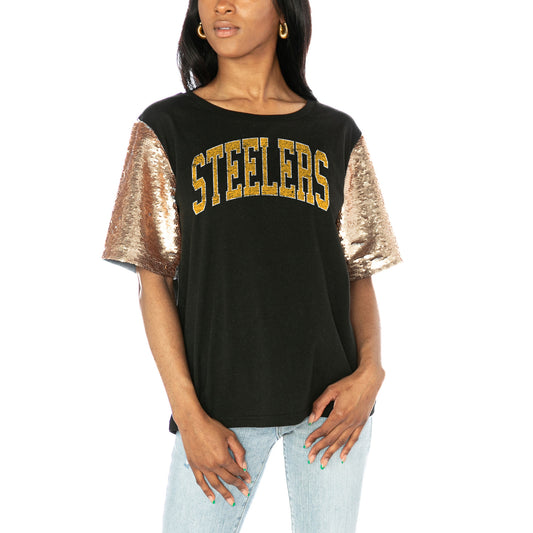 Women's Gameday Couture  Black Pittsburgh Steelers Glamazon Flip Sequin Sleeve T-Shirt