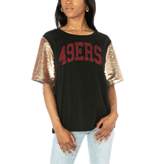 Women's Gameday Couture  Black San Francisco 49ers Glamazon Flip Sequin Sleeve T-Shirt