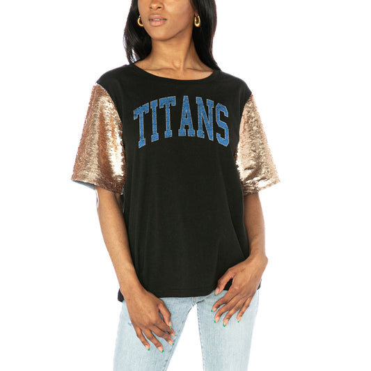 Women's Gameday Couture  Black Tennessee Titans Glamazon Flip Sequin Sleeve T-Shirt