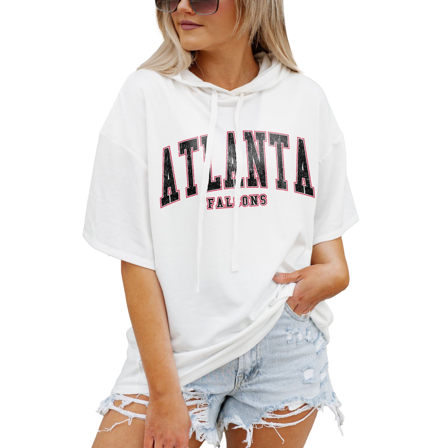 Women's Gameday Couture  White Atlanta Falcons Oversized Chic Captain French Terry Short Sleeve Pullover Hoodie