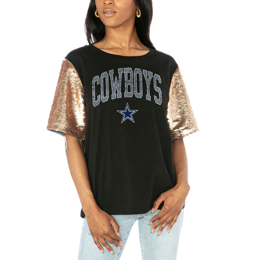 Women's Gameday Couture  Black Dallas Cowboys Glamazon Flip Sequin Sleeve T-Shirt